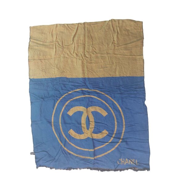 CHANEL Vintage Blue & Gold Reversible Color Block Wrap Shawl Scarf w/ CC Logo - Picture 1 of 5
